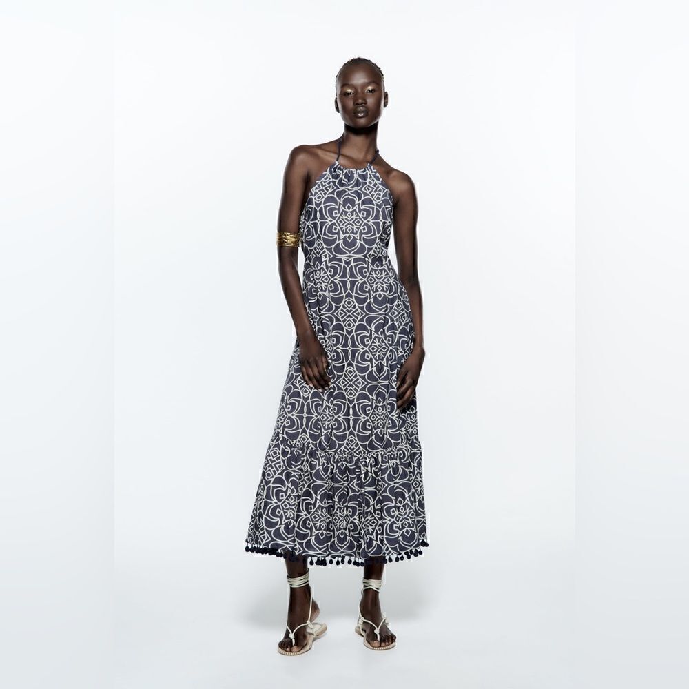Zara Blue and White Tassel Dress